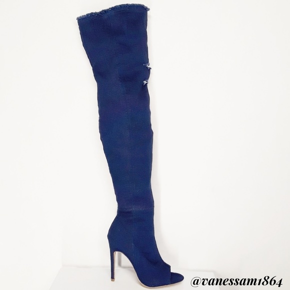 Dark Denim Distressed Knee Heel Boots 